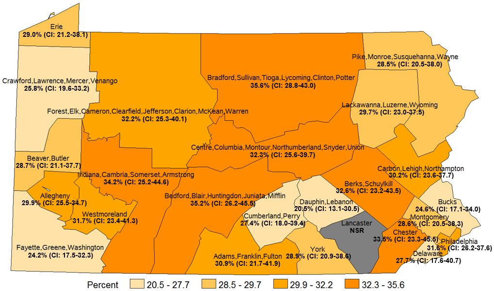 Have Fallen in the Past 12 Months, Age 45+, Pennsylvania Health Districts 2016